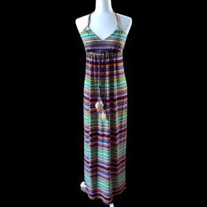 Boho Style Valerie Bertinelli Striped Maxi Halter Dress
